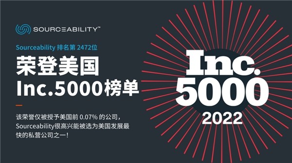 Sourceability荣登2BBIN022年Inc5000 “全美增长最快公司”榜单