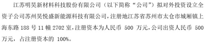 BBIN BBIN宝盈明昊科技拟500万设立全资子公司苏州昊悦盛新能源科技有限公司